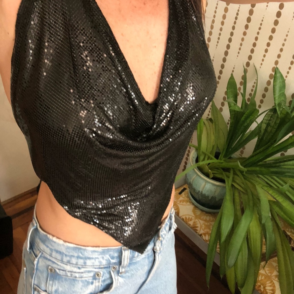 Vintage Chain Mail Metal Mesh Gunmetal Black Halter Top